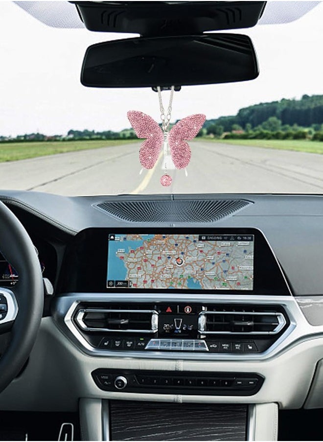 Bukela - Car Hanging Ornament Car Hanging Pendant Butterfly Diamond Car Accessories, Crystal Car Rear View Mirror Charms for Women (Pink) - Image 1