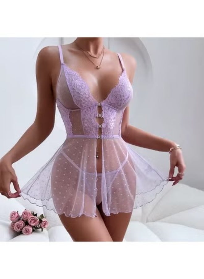 قميص نوم نسائي دانتيل وتل منقط – بيبي دول ناعم – ملابس نوم أنيقة - Image 2