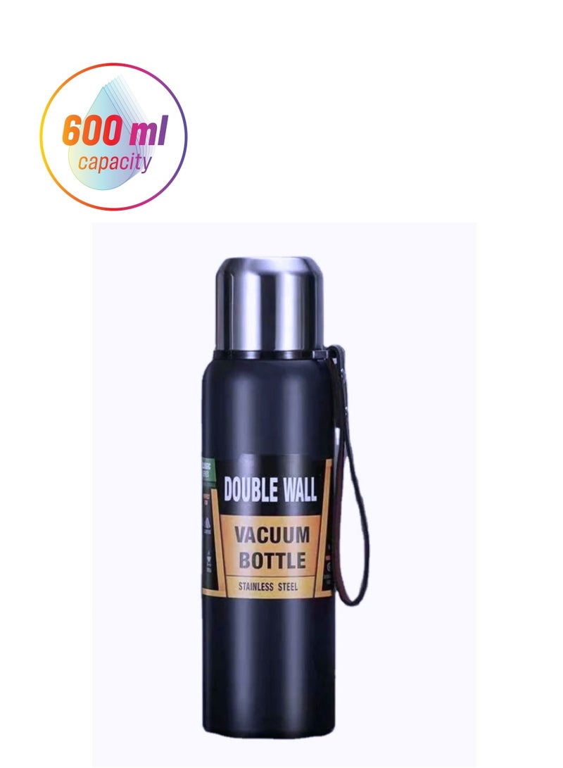 VIO 600ML Insulated Vacuum Flask Stainless Steel Double Walled BPA Free Leakproof  Portable Hot & Cold Beverage Thermos Travel Mug  Reusable Thick Outer Cover Leather Strap Lightweight - Image 1