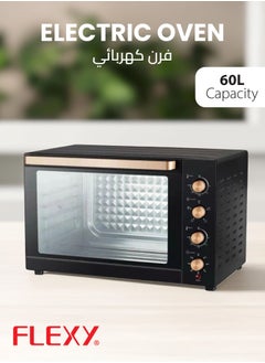 Flexy FLEXY 60L 1900W Electric Oven, 4-Stage Heating, 120-Min Timer, Rotisserie, Convection, Inner Lamp, Stainless Steel Elements, Temp 70-250°C, Black Body, Baking Trays, Wire Rack, BS Plug, 2-Year Warranty  - Image 2
