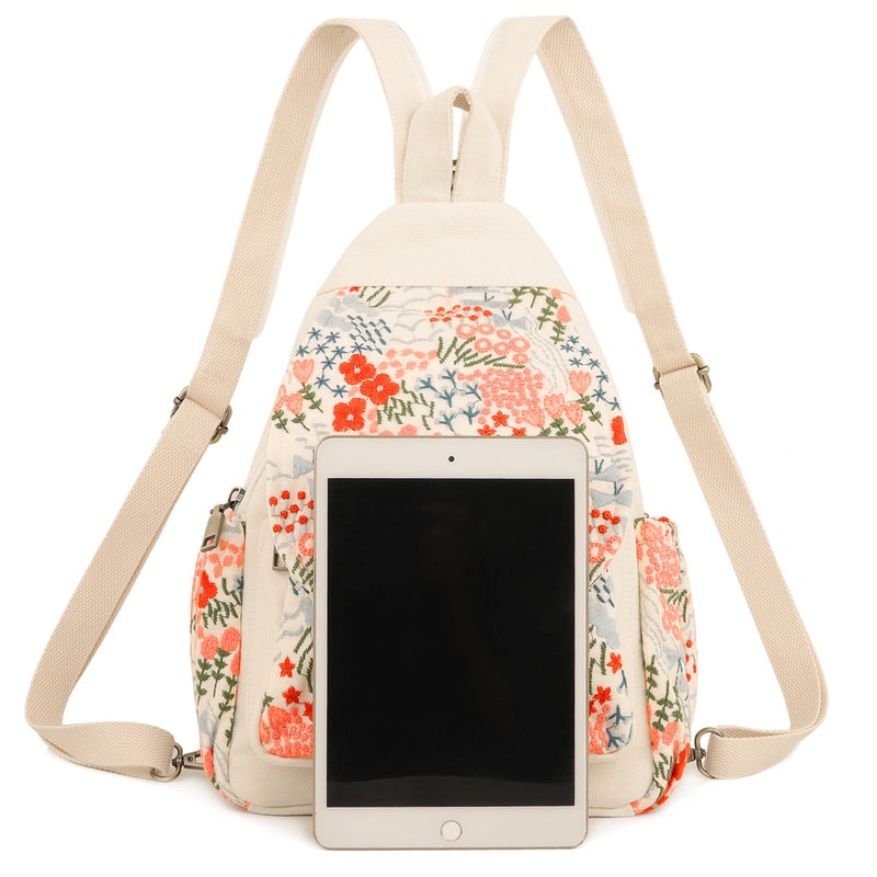 SILKAREA Canvas Sling Backpack Purse for Women Embroidery Travel Multi-purpose Crossbody Backpack Bags Shoulder Bag (Embroidered W) - Image 4