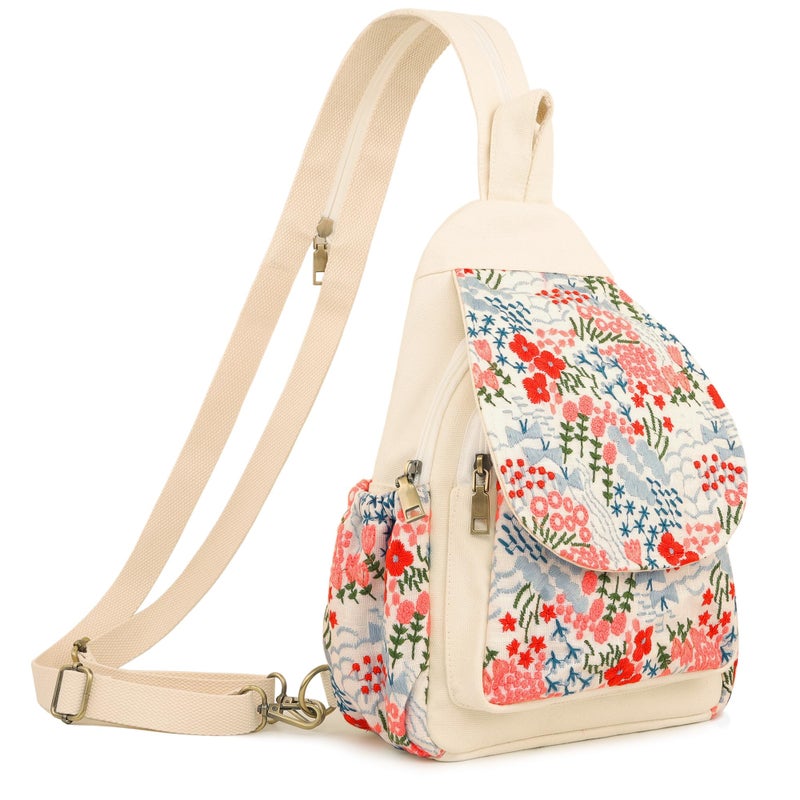 SILKAREA Canvas Sling Backpack Purse for Women Embroidery Travel Multi-purpose Crossbody Backpack Bags Shoulder Bag (Embroidered W) - Image 1