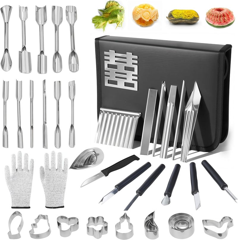 Krbnk 48-Piece Stainless Steel Fruit u0026 Melon Carving Tools Set with Gloves - Watermelon Sculpting Kit, Ergonomic Handles, Portable Case for Culinary Arts, Sculpting, Peeling - Image 1