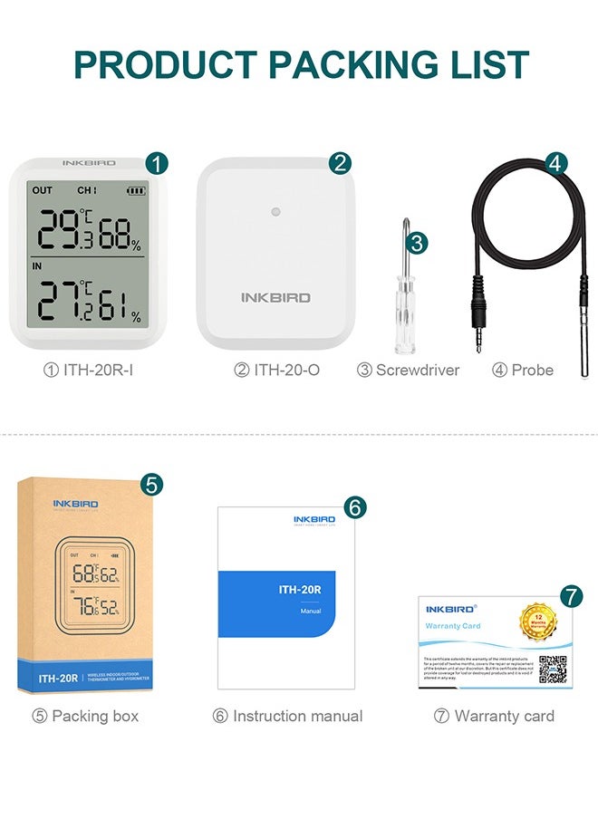 إنك بيرد - INKBIRD ITH-20R مقياس حرارة ورطوبة رقمي للداخل والخارج مع مستقبل لاسلكي ومرسل فردي - شاشة عرض دقيقة لدرجة الحرارة والرطوبة (مستقبل واحد ومرسل واحد) - Image 1