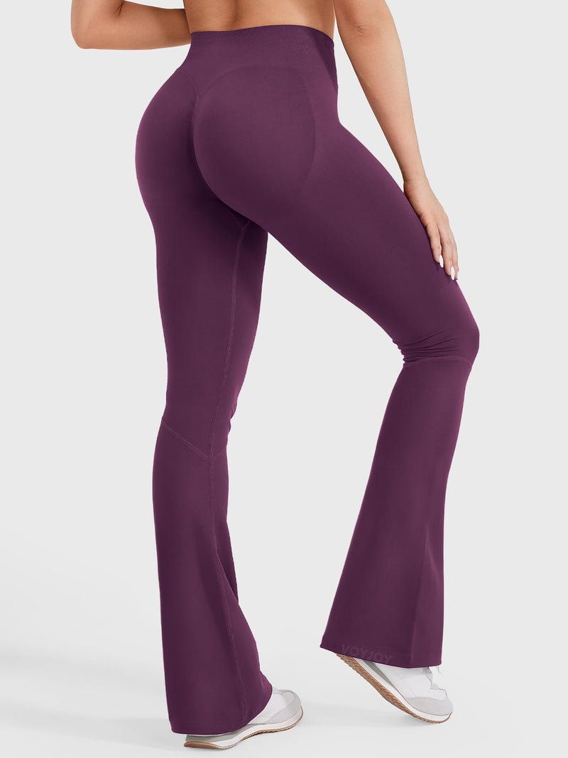 VOYJOY Women Mini Flared Leggings Hidden Scrunch Gym Pants Impact Seamless Workout Butt Lift Compression Flare Bootcut Black Cherry S - Image 3
