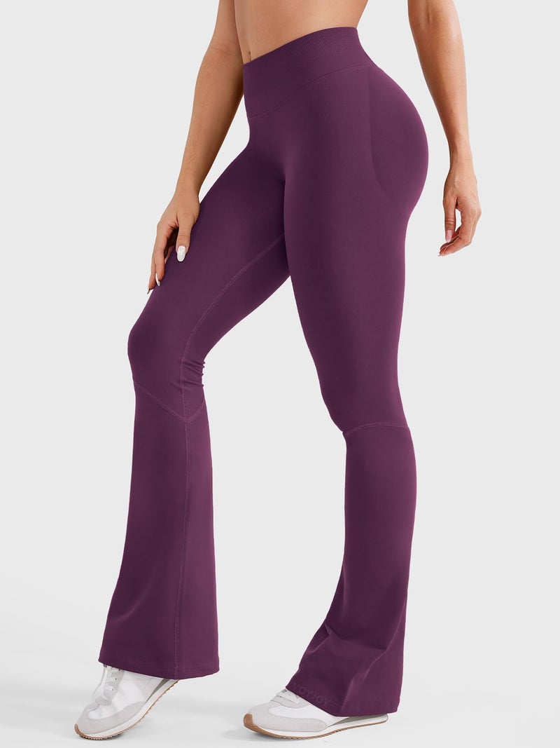 VOYJOY Women Mini Flared Leggings Hidden Scrunch Gym Pants Impact Seamless Workout Butt Lift Compression Flare Bootcut Black Cherry S - Image 4