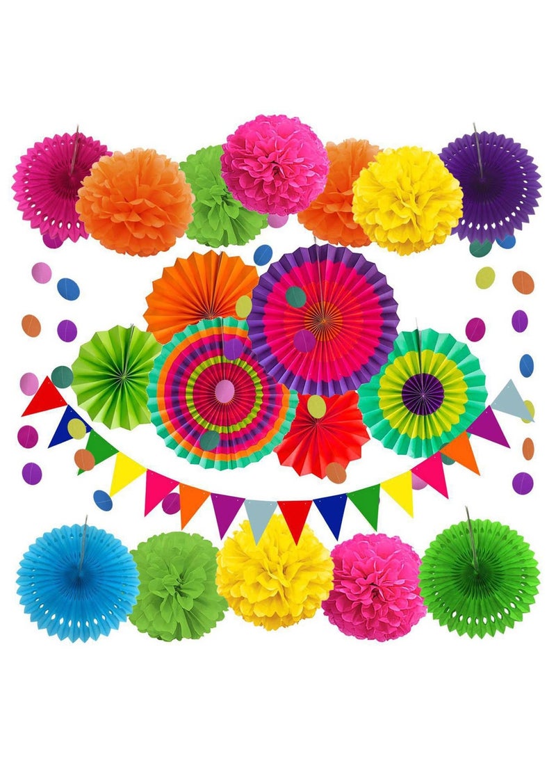 ZERODECO Party Decoration, 21 Pcs Multi-color Hanging Paper Fans, Pom Poms Flowers, Garlands String Polka Dot and Triangle Bunting Flags for Birthday Parties, Wedding DÃ©cor, Fiesta or Mexican Party - Image 1