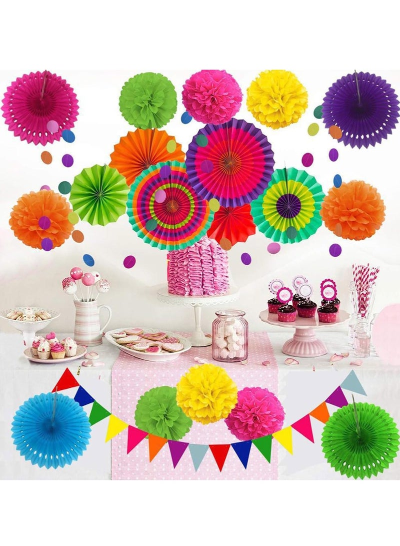 ZERODECO Party Decoration, 21 Pcs Multi-color Hanging Paper Fans, Pom Poms Flowers, Garlands String Polka Dot and Triangle Bunting Flags for Birthday Parties, Wedding DÃ©cor, Fiesta or Mexican Party - Image 5