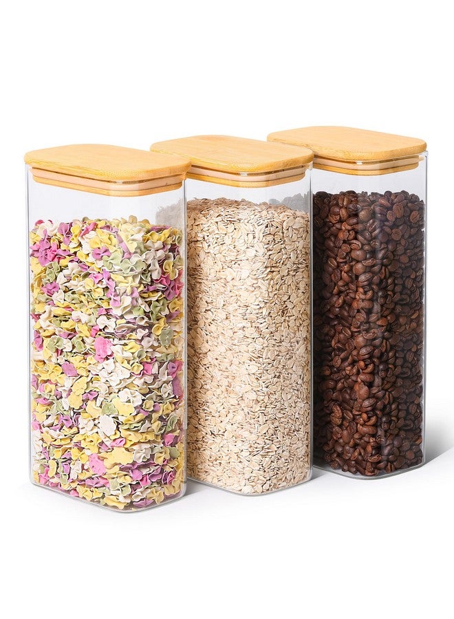 ComSaf 63oz Rectangle Glass Storage Containers with Lids, Glass Jars with Bamboo Lids, Clear Food Jar, Square Canister Set of 3, Pantry Organizers and Storage for Flour Pasta Coffee Bean - Image 1