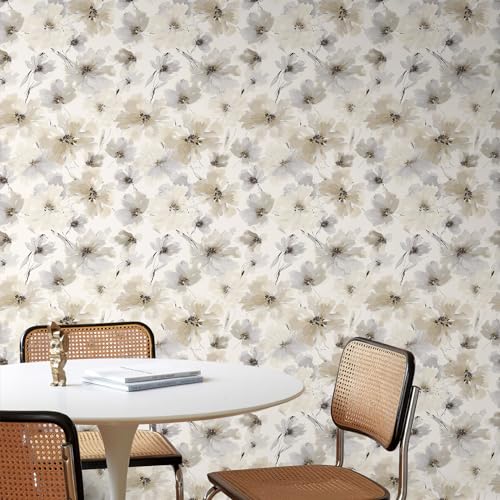 JiffDiff Beige Flower Watercolor Flower Peel and Stick Wallpaper, Honey Wheat Yellow, 17.3x393.7 inch, 48.5 sq ft, Straight Match - Image 1