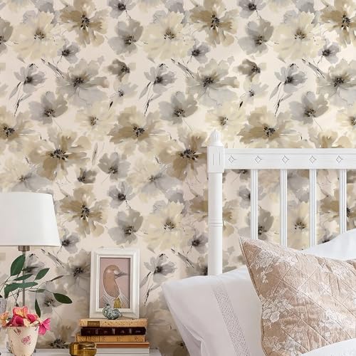 JiffDiff Beige Flower Watercolor Flower Peel and Stick Wallpaper, Honey Wheat Yellow, 17.3x393.7 inch, 48.5 sq ft, Straight Match - Image 2