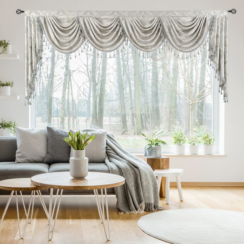 JADE POKE Jacquard Waterfall Valance for Windows with Luxury Tassels Rod Pocket Swag Valance for Living RoomBedroomBanquet Silver Grey European Style Valances for Windows 1 Panel Wide 110 Inch