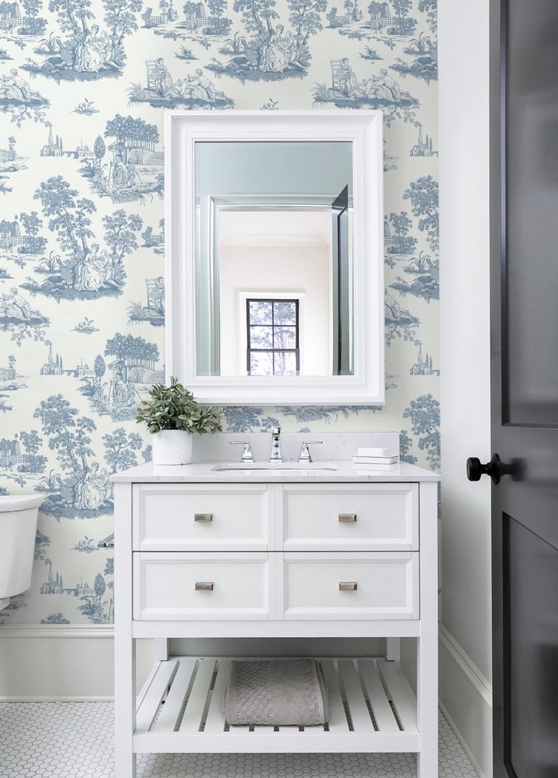 HeloHo Peel and Stick Wallpaper Blue and White Toile Contact Paper Vintage French Wall Paper Removable Self Adhesive Stick on Wallpaper for Bedroom Bathroom 17.3" X 78.7" - Image 5