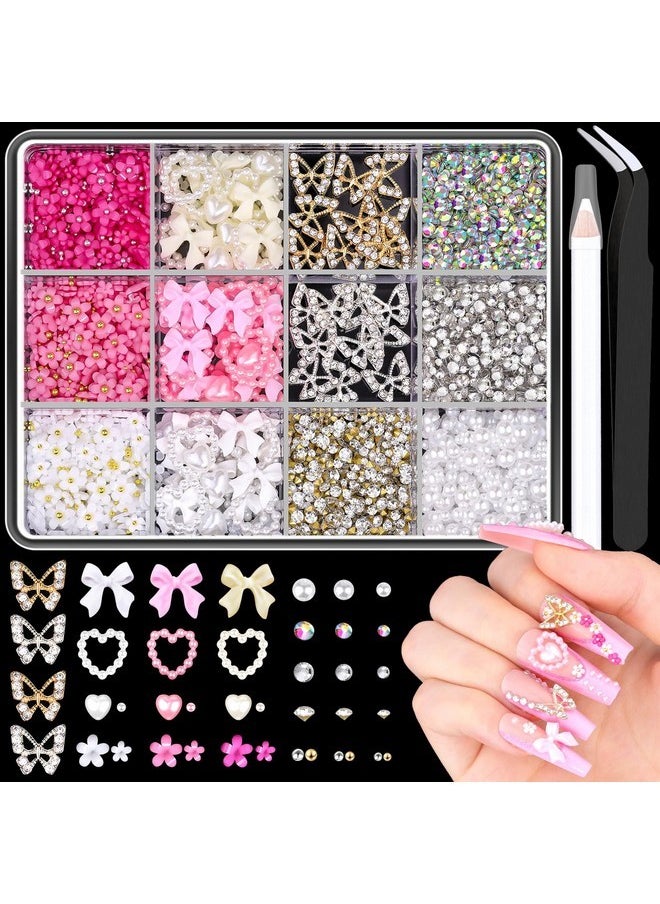 BELLEBOOST 3D Nail Charms And Gems Set 7, 20Pcs Chunky Butterfly Charms + 75Pcs Coquette Nail Bows And Hearts + 3D Flowers For Nails With Rhinestones, Pearls, Diamonds And Picker Tools For Y2K Nail Decor  - Image 1