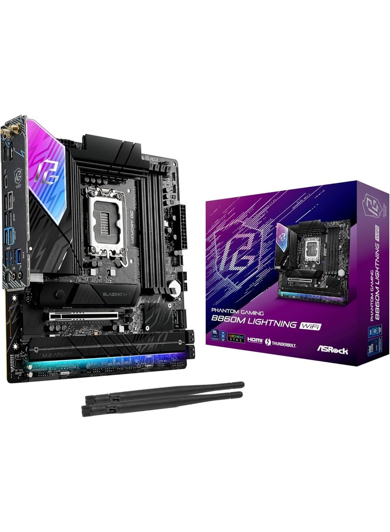 ASRock لوحة أم Phantom Gaming B860M Lightning WiFi 6E Intel Core Ultra B860 LGA1851 DDR5 8933 MHz 256GB M.2 Micro ATX مع Thunderbolt SATA3 6.0 Gb/s PCIe 5.0 - Image 1