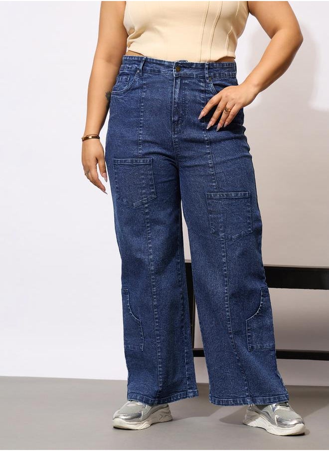 SASSAFRAS Plus Size Acid Wash Straight Fit Jeans with Pockets Details by Styli  - Image 2