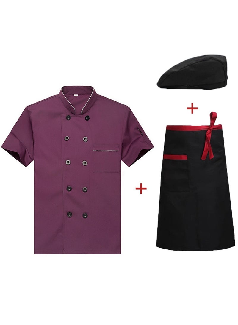 Loquat Chef Uniform Apron Suit Short Sleeves with a Hat Suitable For Hotel Western Restaurant Pruple - Image 1
