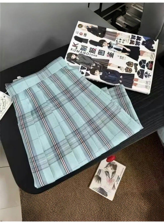 Jk Uniform [Glass Sea] Lattice Skirt Genuine College Style School For Daily Half-length Pleated Skirt Skirt For Women Summer