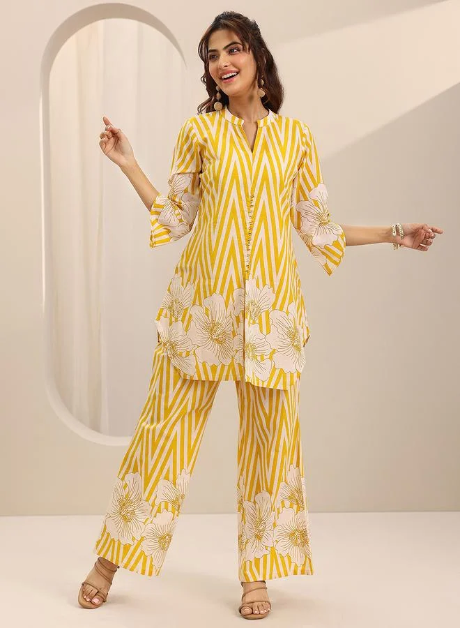 لباس Yellow Floral And Striped Co-Ord Set With Mandarin Collar