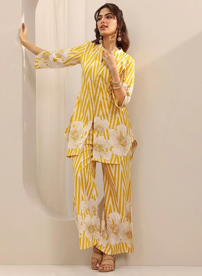 لباس Yellow Floral And Striped Co-Ord Set With Mandarin Collar