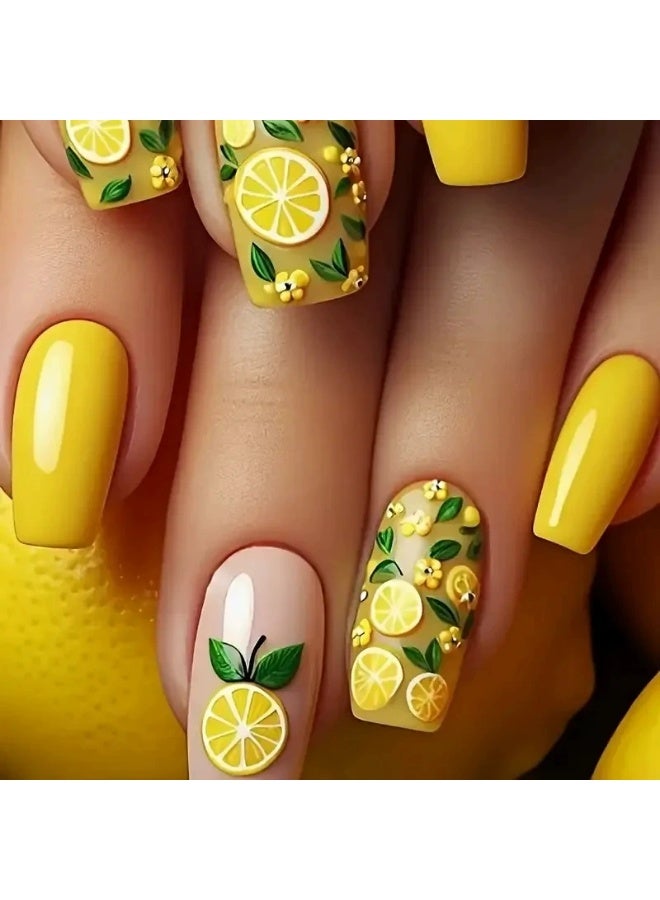 Goolsky Premium Medium-Long Square Press-on Nails with Yellow Lemon & Floral for Vibrant Summer Freshness - Image 1