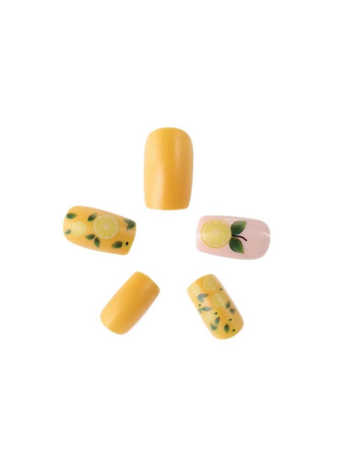 Goolsky Premium Medium-Long Square Press-on Nails with Yellow Lemon & Floral for Vibrant Summer Freshness - Image 2