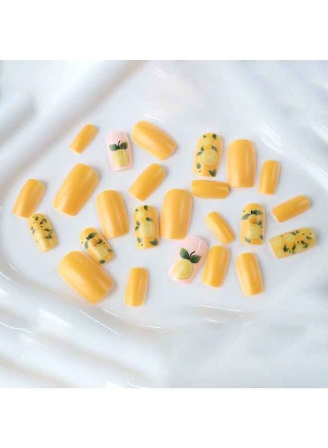 Goolsky Premium Medium-Long Square Press-on Nails with Yellow Lemon & Floral for Vibrant Summer Freshness - Image 4