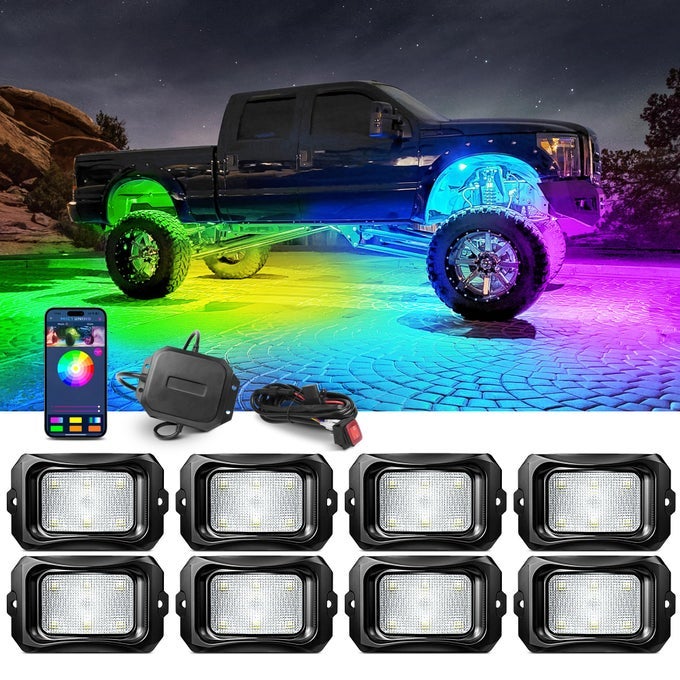 C2 MAX RGBIC CHASING COLOR ROCK LIGHTS 8 PODS UNDERGLOW LIGHTING KIT DYNAMIC LIGHTING MODES EXTENSIBLE UP TO 24 PODS WITH STABLE APP CONTROL IP68 WATERPROOF DIY EFFECT