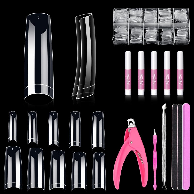 MORGLES Clear Acrylic Nail Tips 500 Pcs French Nail Tips Square Half Cover with Glue Clipper Files and Cuticle Fork for Salons and Home DIY