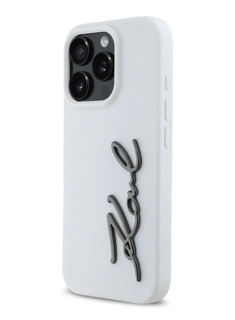 كارل لاغرفيلد جراب سيليكون لهاتف iPhone 16 Pro Max مع شعار معدني / غطاء خلفي للحماية من السقوط / سهل التركيب / قبضة مريحة - أبيض