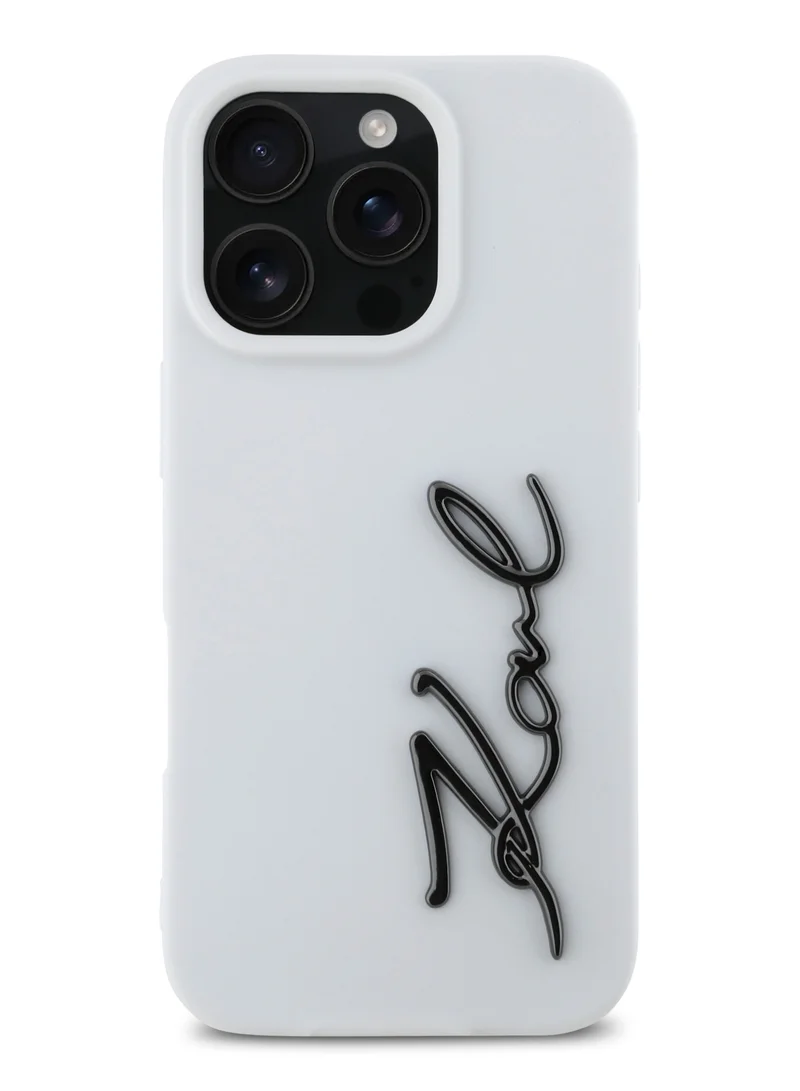 كارل لاغرفيلد جراب سيليكون لهاتف iPhone 16 Pro Max مع شعار معدني / غطاء خلفي للحماية من السقوط / سهل التركيب / قبضة مريحة - أبيض