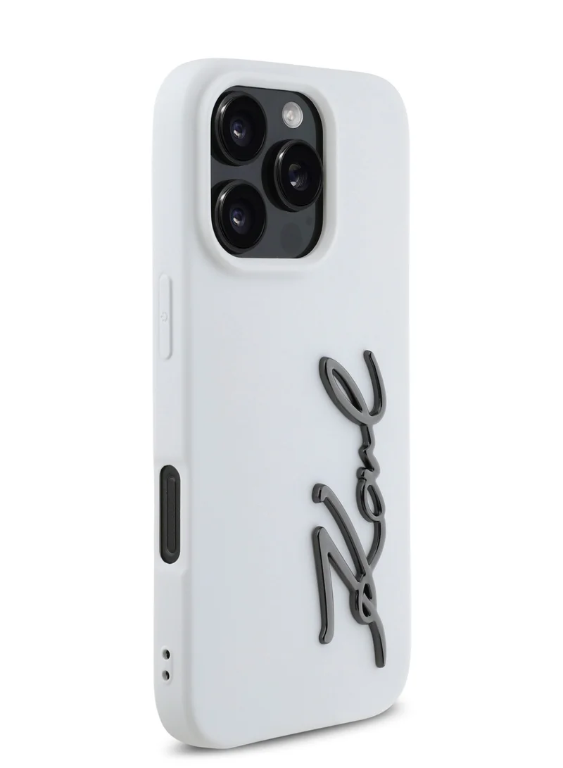 كارل لاغرفيلد جراب سيليكون لهاتف iPhone 16 Pro Max مع شعار معدني / غطاء خلفي للحماية من السقوط / سهل التركيب / قبضة مريحة - أبيض