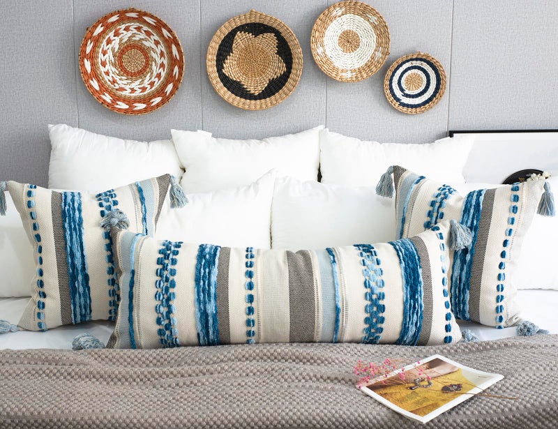 PANOD Chenille Farmhouse Throw Pillow Covers 16 x 16 Blue  Neutral Boucle Couch Pillow Cover  Striped Decorative Boho Coushion Cover Pillow Case for Couch Bed Sofa Bedroom Modern Accent Set of 2 - Image 4