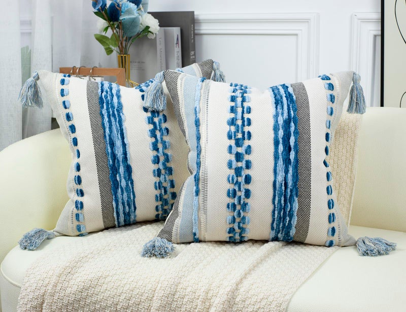 PANOD Chenille Farmhouse Throw Pillow Covers 16 x 16 Blue  Neutral Boucle Couch Pillow Cover  Striped Decorative Boho Coushion Cover Pillow Case for Couch Bed Sofa Bedroom Modern Accent Set of 2 - Image 1