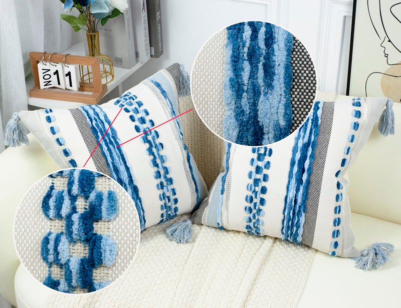 PANOD Chenille Farmhouse Throw Pillow Covers 16 x 16 Blue  Neutral Boucle Couch Pillow Cover  Striped Decorative Boho Coushion Cover Pillow Case for Couch Bed Sofa Bedroom Modern Accent Set of 2 - Image 5