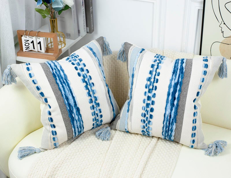 PANOD Chenille Farmhouse Throw Pillow Covers 16 x 16 Blue  Neutral Boucle Couch Pillow Cover  Striped Decorative Boho Coushion Cover Pillow Case for Couch Bed Sofa Bedroom Modern Accent Set of 2 - Image 2