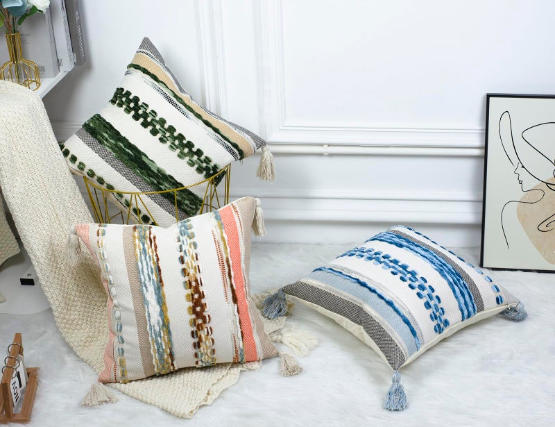 PANOD Chenille Farmhouse Throw Pillow Covers 16 x 16 Blue  Neutral Boucle Couch Pillow Cover  Striped Decorative Boho Coushion Cover Pillow Case for Couch Bed Sofa Bedroom Modern Accent Set of 2 - Image 3