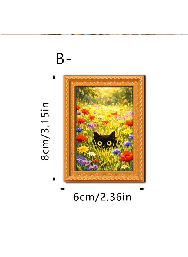 Vintage Oil Painting-Style Black Cat Wooden Magnetic Photo Frame Fridge Magnet Home Decor Item, Style B - Image 1