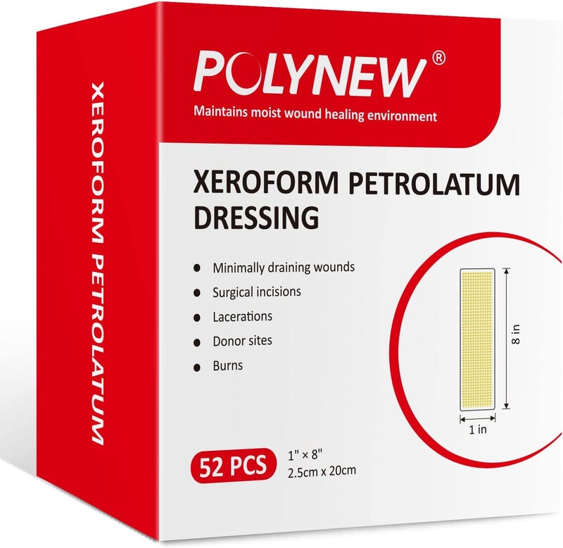 POLYNEW Xeroform Petrolatum Dressing 1x8 52 PCS NonAdherent Gauze for Low Exudating Wounds Fine Mesh Gauze Pads for Burns Abrasions Lacerations Skin Grafts and Surgical Incisions - Image 1
