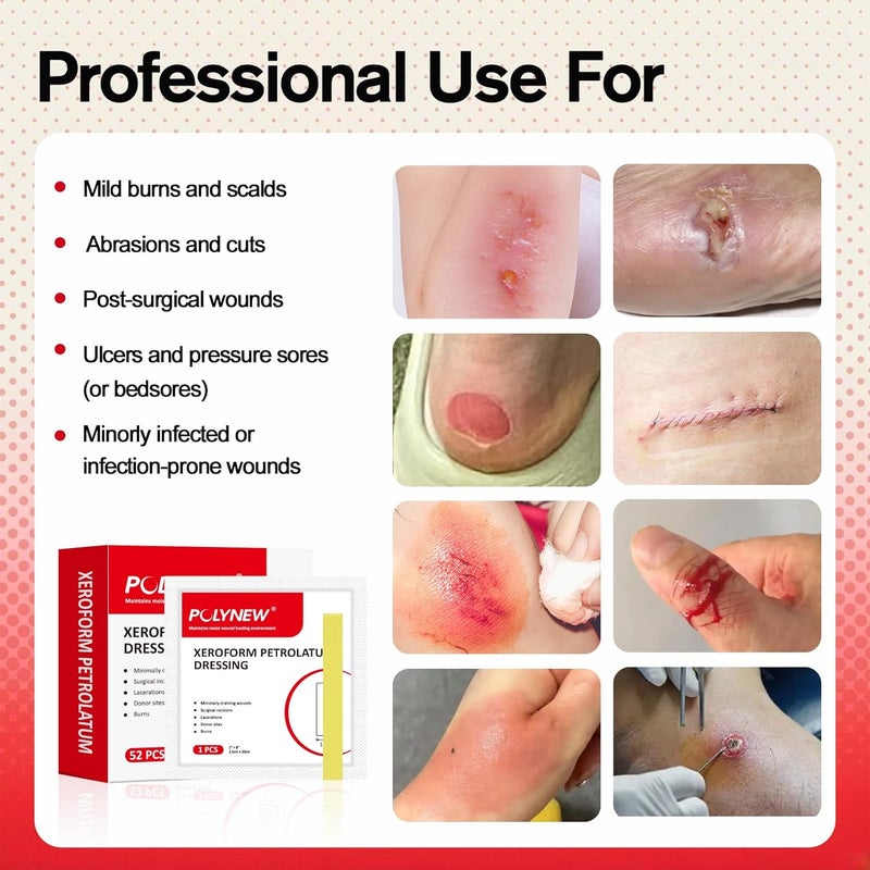 POLYNEW Xeroform Petrolatum Dressing 1x8 52 PCS NonAdherent Gauze for Low Exudating Wounds Fine Mesh Gauze Pads for Burns Abrasions Lacerations Skin Grafts and Surgical Incisions - Image 4
