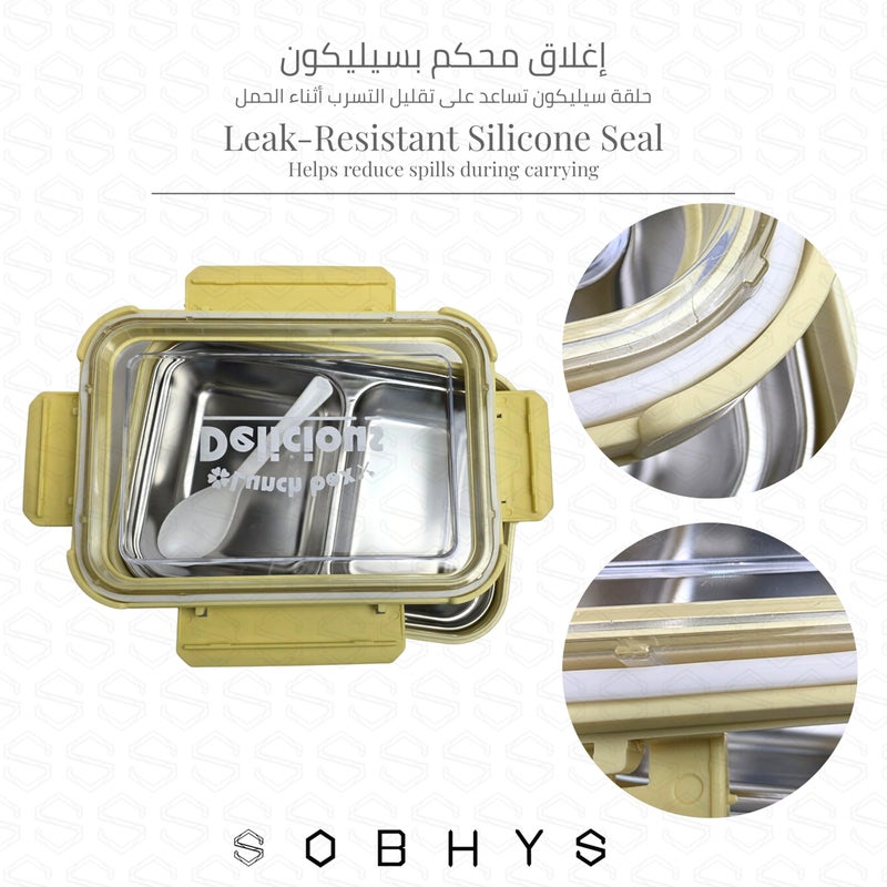 SOBHYS Stainless Steel Lunch Box with Removable Inner Tray, Leak-Resistant Silicone Seal, 2 Compartments, 19 × 14 × 5 cm, Rectangular, Light Blue Blush Pink Soft Yellow – SOBHYS (Soft Yellow) - Image 3