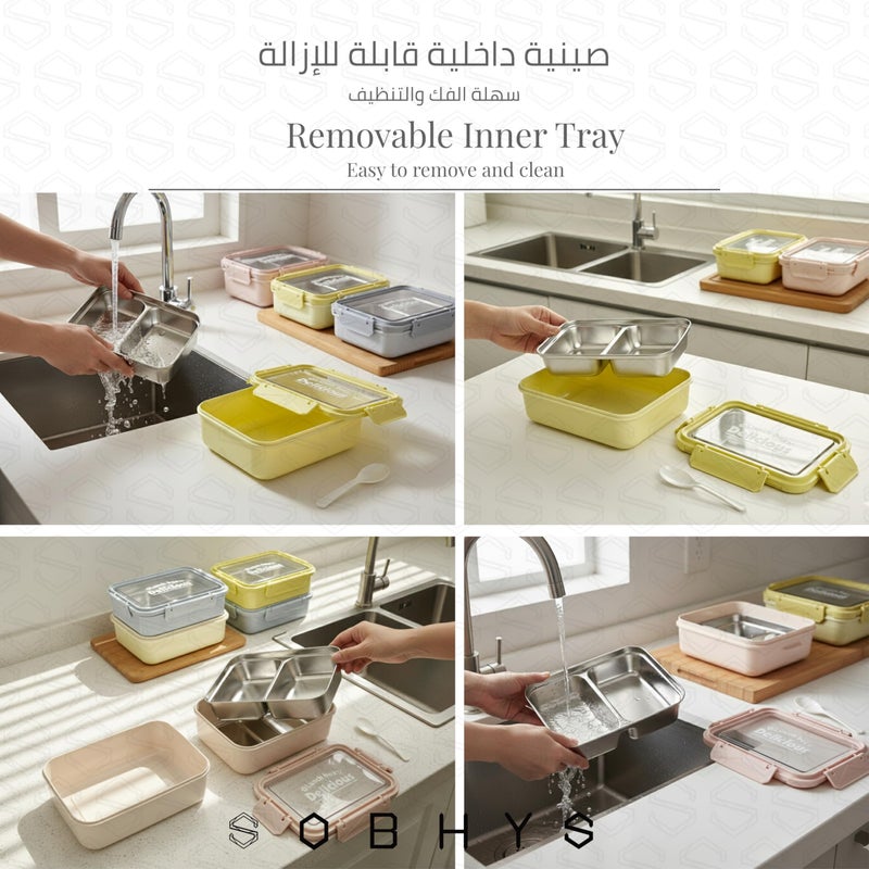 SOBHYS Stainless Steel Lunch Box with Removable Inner Tray, Leak-Resistant Silicone Seal, 2 Compartments, 19 × 14 × 5 cm, Rectangular, Light Blue Blush Pink Soft Yellow – SOBHYS (Soft Yellow) - Image 5