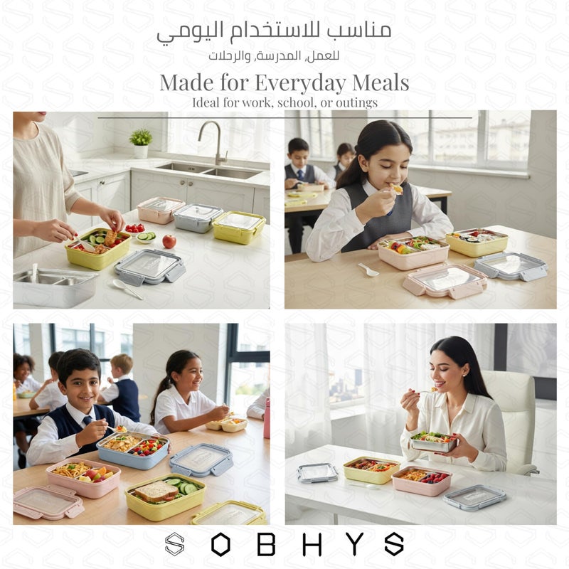 SOBHYS Stainless Steel Lunch Box with Removable Inner Tray, Leak-Resistant Silicone Seal, 2 Compartments, 19 × 14 × 5 cm, Rectangular, Light Blue Blush Pink Soft Yellow – SOBHYS (Soft Yellow) - Image 4