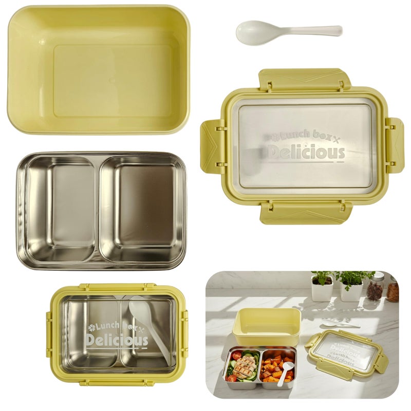 SOBHYS Stainless Steel Lunch Box with Removable Inner Tray, Leak-Resistant Silicone Seal, 2 Compartments, 19 × 14 × 5 cm, Rectangular, Light Blue Blush Pink Soft Yellow – SOBHYS (Soft Yellow) - Image 1
