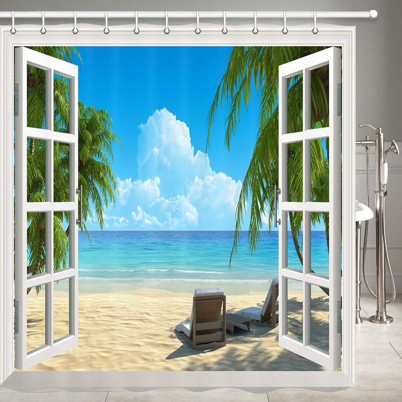 JOOCAR Garden Shower Curtain Palm Tree Decor Ocean Beach Seascape Through White Wooden Windows Summer Scene Tropical Island Blue Green Waterproof Cloth Fabric Bathroom Decor Set with Hooks