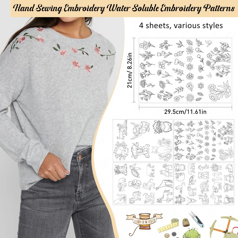 CRASHOT Water Soluble Embroidery Patterns - Stick & Stitch Embroidery Paper Wash Away, 4 Sheet Stabilizer for Embroidery, Flower Highland Cow Cat Bear Dinosaur Horse Animal Style, Hand Sewing Lover Gifts - Image 2