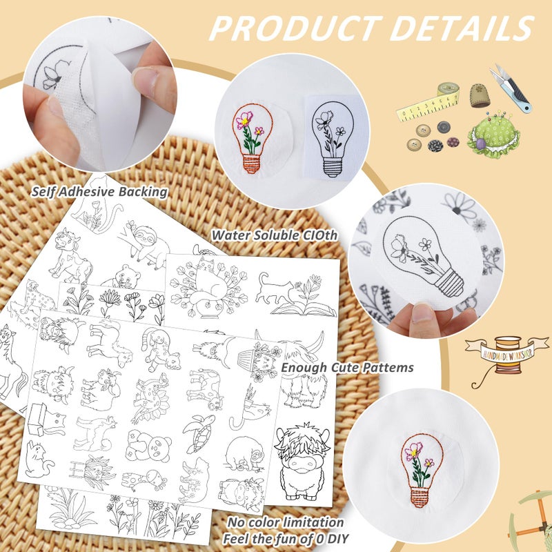 CRASHOT Water Soluble Embroidery Patterns - Stick & Stitch Embroidery Paper Wash Away, 4 Sheet Stabilizer for Embroidery, Flower Highland Cow Cat Bear Dinosaur Horse Animal Style, Hand Sewing Lover Gifts - Image 4