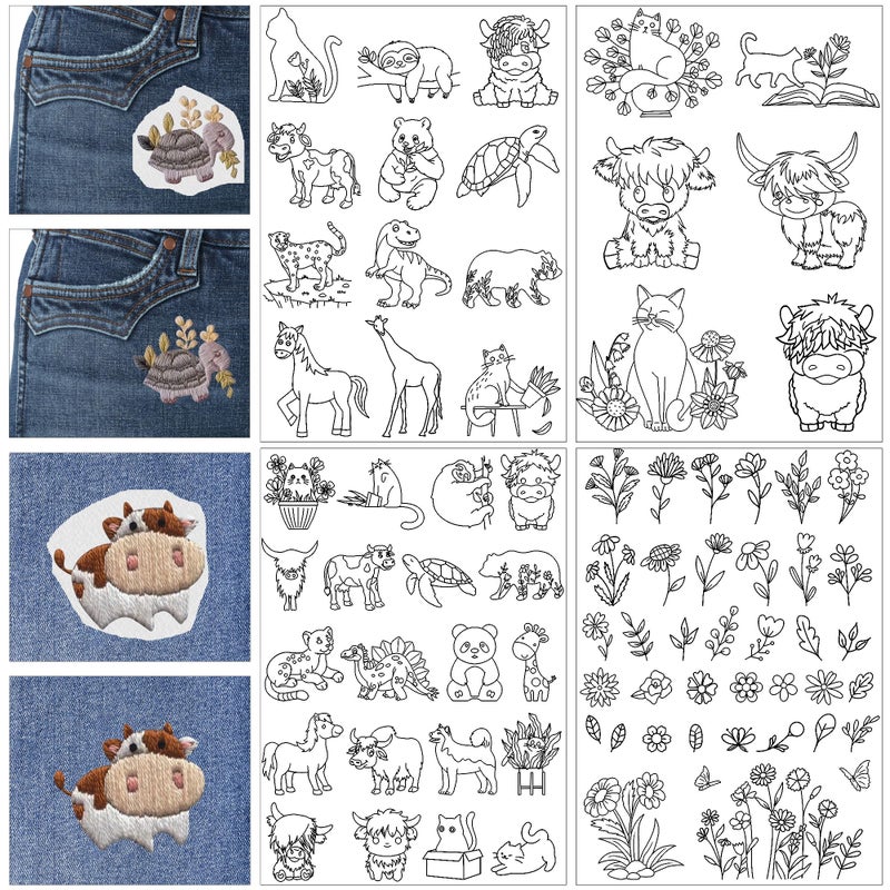 CRASHOT Water Soluble Embroidery Patterns - Stick & Stitch Embroidery Paper Wash Away, 4 Sheet Stabilizer for Embroidery, Flower Highland Cow Cat Bear Dinosaur Horse Animal Style, Hand Sewing Lover Gifts - Image 1