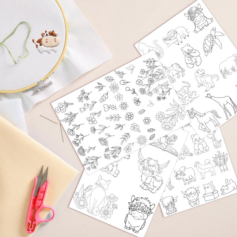 CRASHOT Water Soluble Embroidery Patterns - Stick & Stitch Embroidery Paper Wash Away, 4 Sheet Stabilizer for Embroidery, Flower Highland Cow Cat Bear Dinosaur Horse Animal Style, Hand Sewing Lover Gifts - Image 5