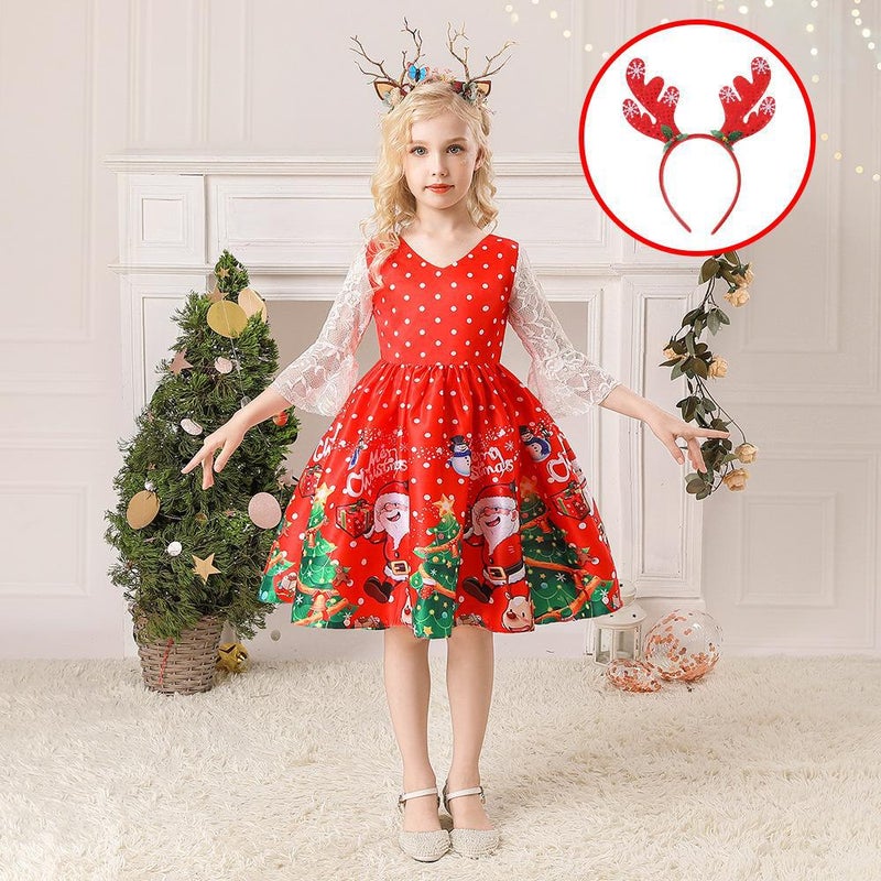 Girls Christmas Dress Christmas Dress Party Costume Childrens Cos Santa Claus Costume Princess Dress SD076-Red (with headband)